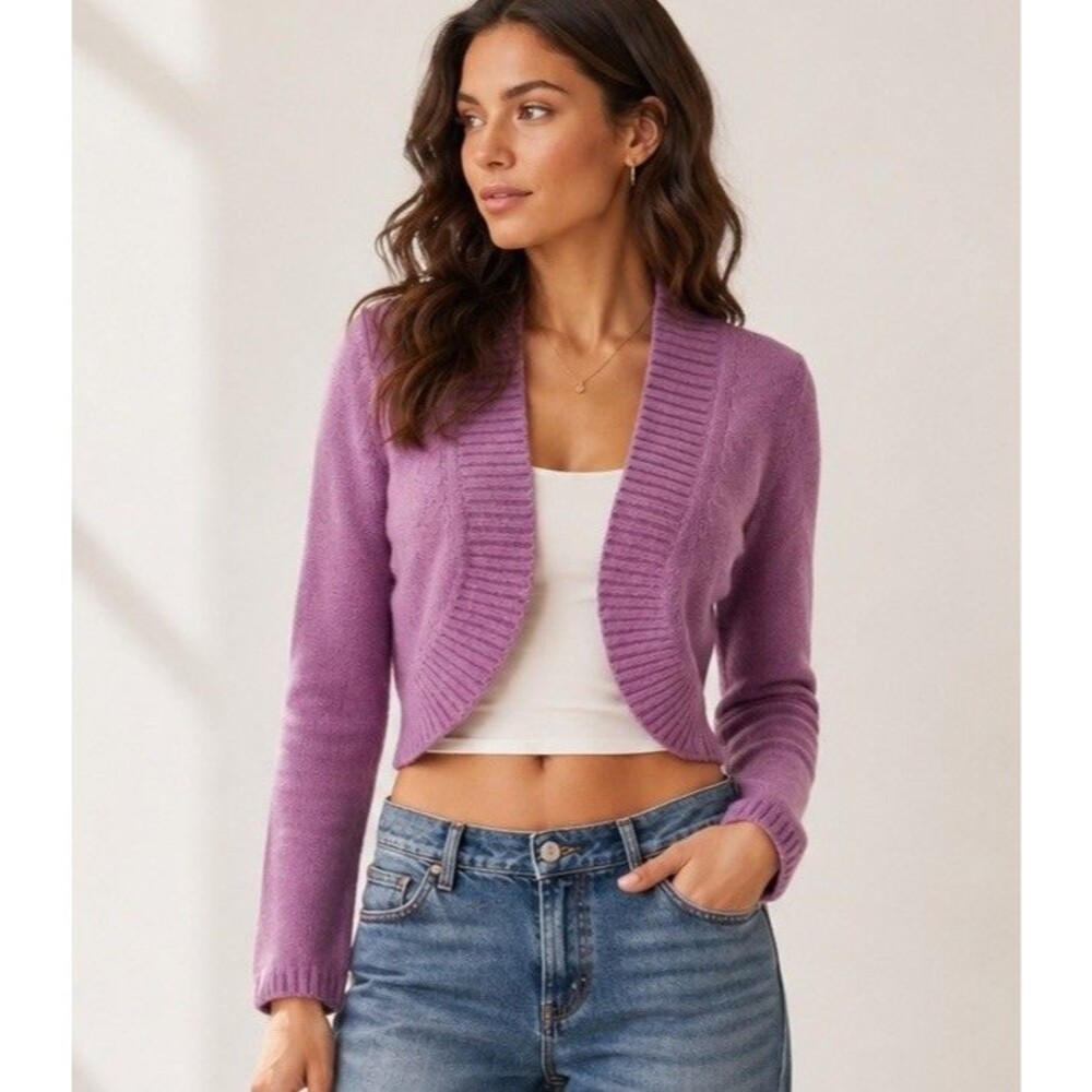 Soft Pink/Lilac Angora Blend Cardigan Women Sz L Open Front Cozy Fuzzy Sweater